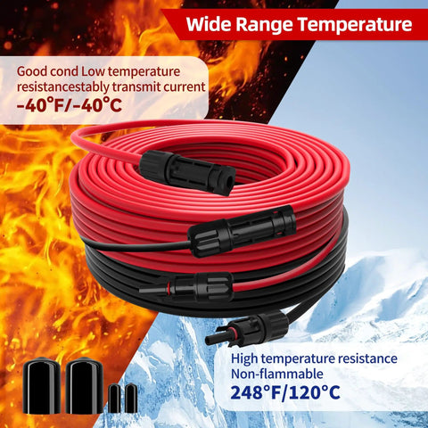 10 AWG Solar Extension Cable 10 Ft With 2 Pairs Solar Connectors PV Wire Tinned Copper Tough UV Resistant XLPE Insulated PPO Connectors Outdoor Automotive And Marine Use Black And Red