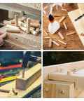 Four images showing 1000 Pcs Hella Smooth Wooden Joint Connector Pegs Kiln Dried Hardwood Dowel Pins in use for furniture assembly.