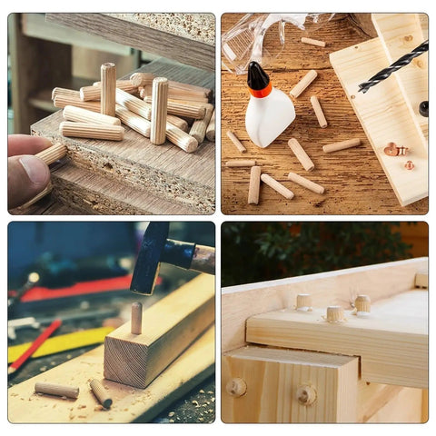 Four images showing 1000 Pcs Hella Smooth Wooden Joint Connector Pegs Kiln Dried Hardwood Dowel Pins in use for furniture assembly.