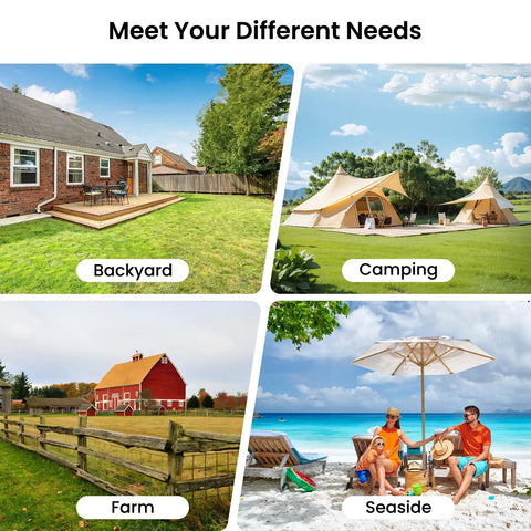 Collage of backyard, camping, farm, and seaside settings illustrating diverse applications of the 12-In-1 Home Weather Station With Indoor Outdoor Sensors No WiFi Rain Gauge And A Big 8 Inch Display That Keeps You Up On Temperature Humidity Forecast Pressure Moon Phase And Alarm Great For Bedroom Garden.