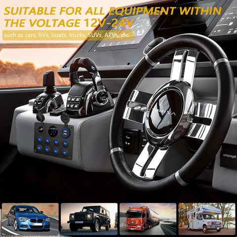 Beefy 8 Gang Rocker Switch Panel With 12V Waterproof Toggle Switches LED Digital Voltmeter in a vehicle dashboard setup