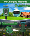 Solar Powered Ultrasonic Animal Repeller With 360 Degree PIR Coverage That Keeps Cats Dogs Deer Squirrels Raccoons And Rabbits Outta Your Garden Yard Or Farm Outdoor Deterrent For Real, solar charge, IP65