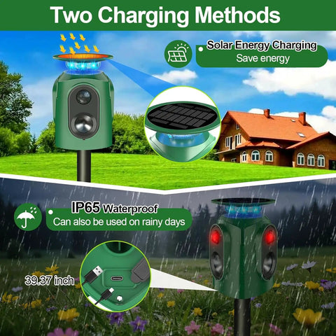 Solar Powered Ultrasonic Animal Repeller With 360 Degree PIR Coverage That Keeps Cats Dogs Deer Squirrels Raccoons And Rabbits Outta Your Garden Yard Or Farm Outdoor Deterrent For Real, solar charge, IP65