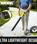 Man using Cordless 21V Mini Leaf Blower With Battery And Fast Charger Lightweight 130 CFM 200 MPH for patio cleaning