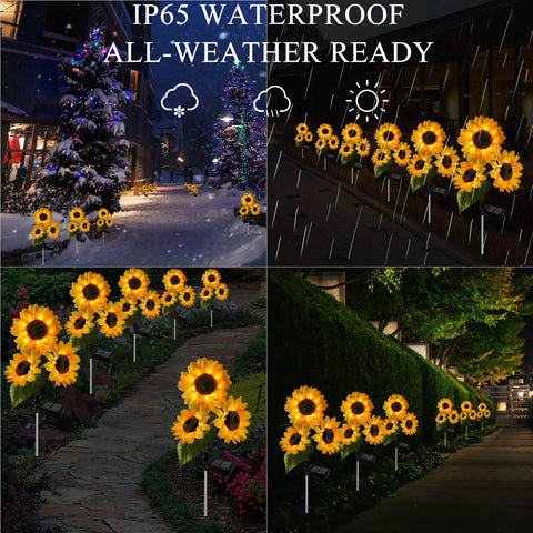 Two Pack Sunflower Solar Lights Outdoor Decor With 3 LED Yellow Flowers Waterproof For Patio Lawn Garden Yard Pathway IP65 Upgraded Solar Panel