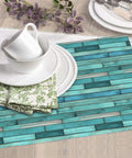 Cyan Wood Grain Dish Drying Mat For Kitchen Counter With Ultra Absorbent Microfiber Surface Dries Fast And Wipes Up Easily Machine Washable 16x18 Inches Ideal Rack Mat For Countertop with plates on it