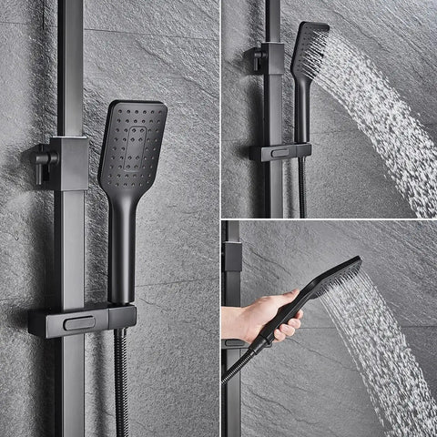 UMJIGF Shower System Set, Exposed Shower Faucet with handheld sprayer, featuring adjustable height, black finish.