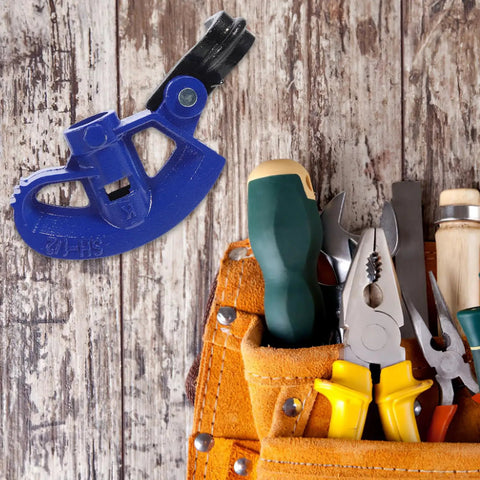 Gleavi Manual Conduit Bender Tool With Steel Bending Head And Spring Hook displayed with tools in a pouch on wooden background.