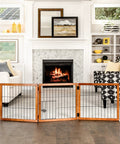 22 To 62 Inch Super Wide Dog Gate With Small Pet Door, Premium Wooden Three Panel Freestanding Gate in living room doorway