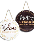 Double Sided Meeting In Progress Door Sign For Office Doors 9.8 Inch Round Wood with 'Welcome Please Knock' and 'Meeting In Progress' sides