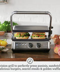 Breville Stainless Steel Electric Grill Panini Maker With One Touch Presets for burgers and sandwiches on compact countertop.