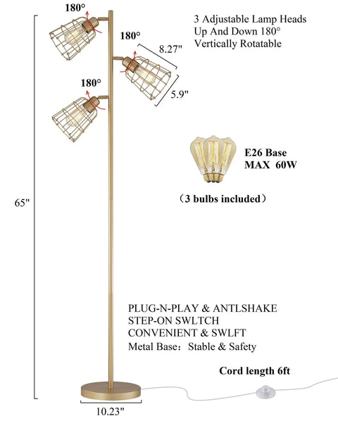 Industrial Floor Lamp With Reading Light, 65-inch gold standing lamp with 3 adjustable cages, 6ft cord