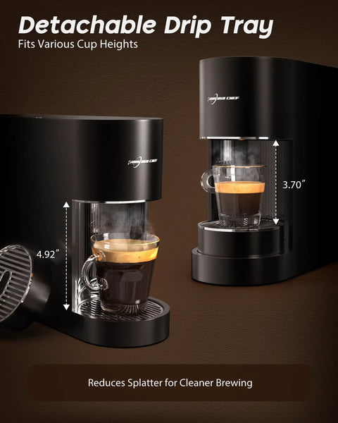 Side view of Espresso Machine For Nespresso Original Pods, One Touch Brew With Illuminated Brew Zone, 20 Bar Pump, detachable drip tray.