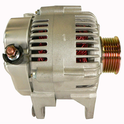 Side view of Beefed-Up High-Output Replacement Alternator 400-52058 for Jeep, metallic casing and pulley visible.