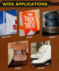Heavy Duty Hand Press Grommet Tool Kit With 3 Dies And 1500 Silver Grommets shown with banners, signs, belts, bags, shoes