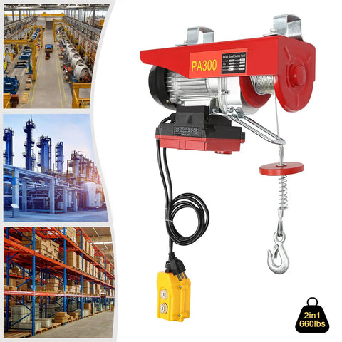 650 Watt Electric Cable Hoist 660 Lbs Capacity With Wireless Remote Control And Towing Sling, shown in industrial setting.