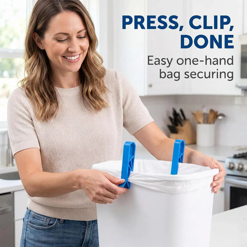 Lock Tight Plastic Garbage Bin Clips With Textured Anti Slip Grip Kick The Slipping Habit And Keep Kitchens Fresh Secure Trash Bag Holders 10 Pack Quick Setup, blue clips securing a white trash bag.