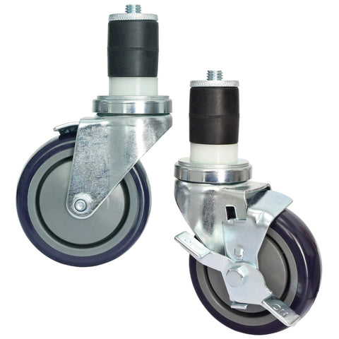 Front view of 4 Inch Work Table Caster Wheels With Locking Brakes For Stainless Steel Prep Tables Expanding Stem Casters Set Of 4