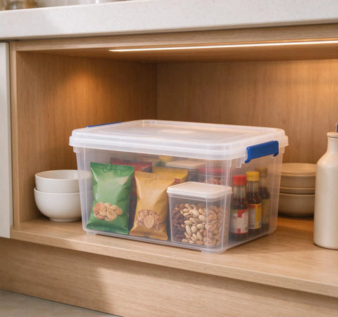 Heavy Duty 15 Quart Latching Storage Bin With Secure Lock Tight Lid And Crystal Clear Window For Real Deal Durability And Snug Fit All Purpose Organizing Setup holding pantry goods on a wooden shelf.