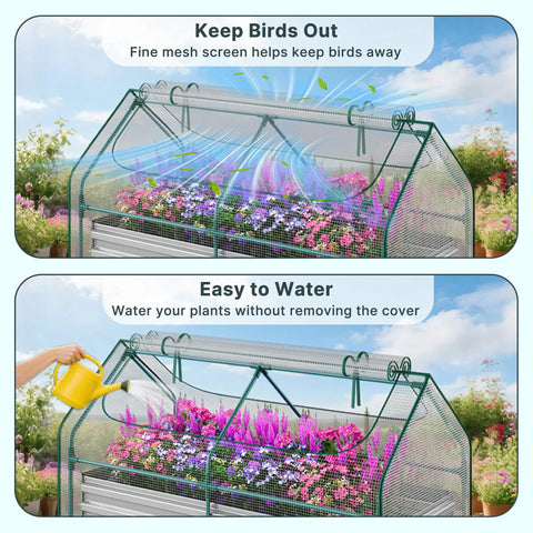 All In One Raised Garden Bed With PE Cover And Greenhouse For Outdoors, Galvanized Planter Box 6x3x1 Ft With Two Large Zippered Screen Windows, Perfect For Vegetables Flowers And Herbs, Includes Labels And Gloves