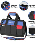 18 Inch Open Top Tool Bag With Waterproof Molded Base, 20 Pockets, Adjustable Shoulder Strap, blue and black 840D Oxford Cloth