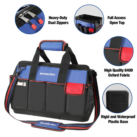 18 Inch Open Top Tool Bag With Waterproof Molded Base, 20 Pockets, Adjustable Shoulder Strap, blue and black 840D Oxford Cloth