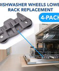 Four Pack Upgraded Lower Dishwasher Wheel Replacement Set With Carbon Steel Screws shown installed in dishwasher.