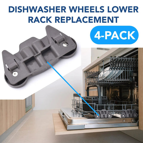 Four Pack Upgraded Lower Dishwasher Wheel Replacement Set With Carbon Steel Screws shown installed in dishwasher.
