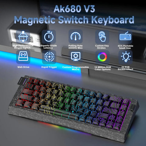 60 Percent Wired Mechanical Gaming Keyboard With Magnetic Switches 8000Hz Polling Rate 0.08Ms Latency RGB illuminated keys and features.