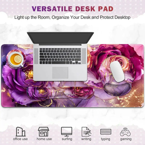 Ultra Large Gaming Mouse Pad Desk Mat With 4 In 1 Ergonomic Wrist Rests And Coaster Set XXL Keyboard Wrist Rest Mouse Pad Combo For Home Office Marble Rose Purple Flowers Design