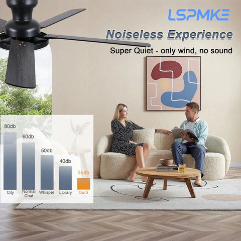 Modern 52 Inch Low Profile Ceiling Fan With Nifty Smart App And Wireless Remote Boasting Reversible Five Blades in a living room setting.