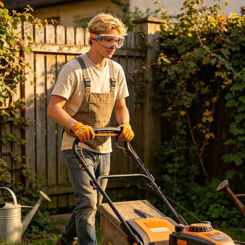 Rugged Mowing Goggles Featuring Anti Fog Coating And Tight Windproof Seals Keep Your Peepers Protected Against Grass Scrapes And Fine Dust While Trimming Land Or Running The Leaf Blower All Day worn by person mowing lawn.