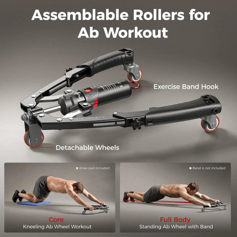 Flybird Twister Arm Trainer With Ab Roller Wheel, assembled with detachable wheels and exercise band hook for ab workouts.
