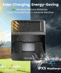 Solar Wireless Driveway Alarm System With 2600 Ft Range 36 Melodies Five Volume Levels Weatherproof Motion Sensor showcasing solar panel and rain resistance