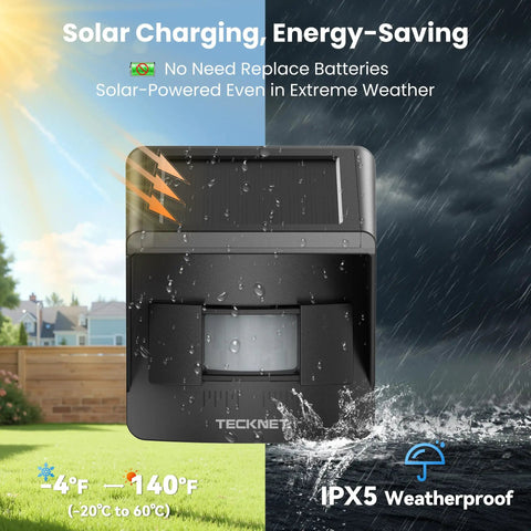 Solar Wireless Driveway Alarm With 2600 Ft Range, 36 Melodies, 5 Volume Levels, 4 Zone Support, Weatherproof Motion Sensor For Indoor And Outdoor Property, Orange, Includes 1 Receiver And 1 Sensor with solar charging feature shown