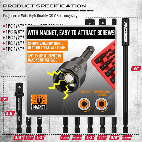 Ultimate 21 Piece Magnetic Nut Driver Set With Impact Socket Adapter Kit Bringing Heavy Duty Power Tools To Your Shop Featuring SAE Metric Power Drivers And Bit Holders In A Durable Red Case For Serious Mechanics Who Need High Torque Precision. 21-piece CR-V magnetic nut driver set in red case, 6-inch bit shown