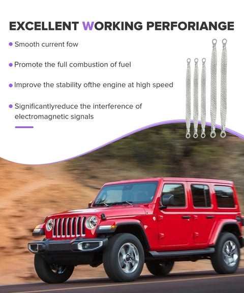 Heavy Duty 5 Pack Copper Ground Straps For Tuned Rides, 10 And 13 Inch Flat Braided Battery Cables With Tinned Terminals, in action with red Jeep.