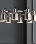 Nickel Modern Eight Light Industrial Wagon Wheel LED Chandelier For Your Kitchen Island Loft Dining Room With Metal Shades And Killer Energy Saving Bulbs Included, close-up view