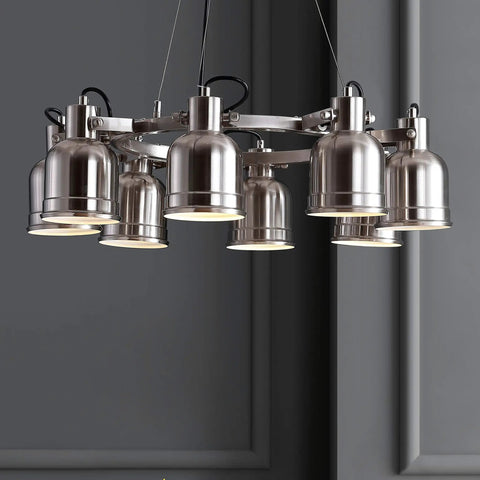 Nickel Modern Eight Light Industrial Wagon Wheel LED Chandelier For Your Kitchen Island Loft Dining Room With Metal Shades And Killer Energy Saving Bulbs Included, close-up view