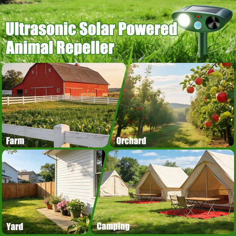 Solar Ultrasonic Animal Repellent With Motion Sensor And Bright LED Flash Light For Yard Garden Farm Outdoor Use IP66 Waterproof Scares Deer Cats Squirrels Raccoons And Critters Weatherproof 4 Pack shown in yard, farm, orchard and camping