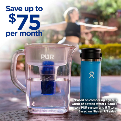 7 Cup Water Pitcher With Filter And LockFit Cap Design For Faster NSF Certified Filtration That Reduces Microplastics And Chlorine For Great Tasting Water, Dishwasher Safe, Blush Finish shown with steel tumbler