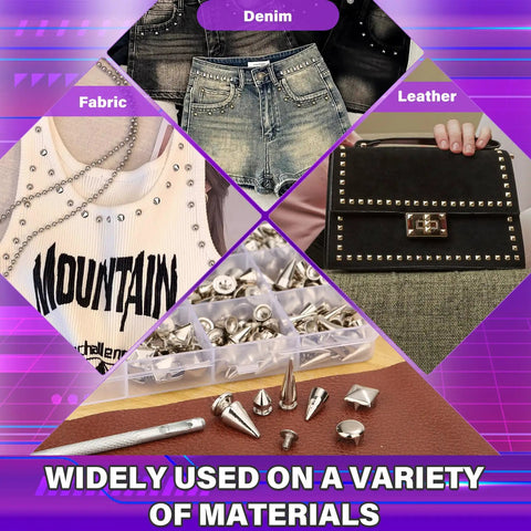 455 Piece Punk Studs Kit For Clothing And Accessories With Metal Spikes And Leather Rivets DIY Punk Style Decoration Clothes Shoes Belts And Dog Collars Includes Cone And Pyramid Studs Round Dome Rivets With Puncher Awl Screwdriver And Storage Box on fabric, denim, leather