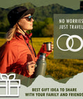 Woman in red jacket holding vacuum insulated bottle in nature; quote 'No Worries Just Travel' displayed.