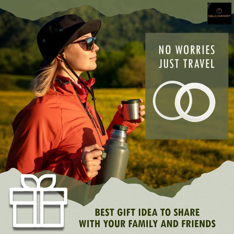 Woman in red jacket holding vacuum insulated bottle in nature; quote 'No Worries Just Travel' displayed.