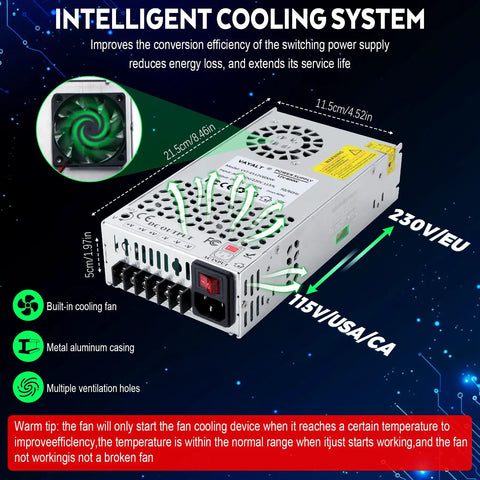 12V 50A 600W Switching Power Supply with cooling fan, aluminum casing, for CCTV, 3D printer, LED, AC 110V/220V input.