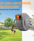 Retractable Garden Hose Reel With Wall Mount Half Inch By One Hundred Foot Hose on outdoor wall near blooming flowers, 180-degree swivel