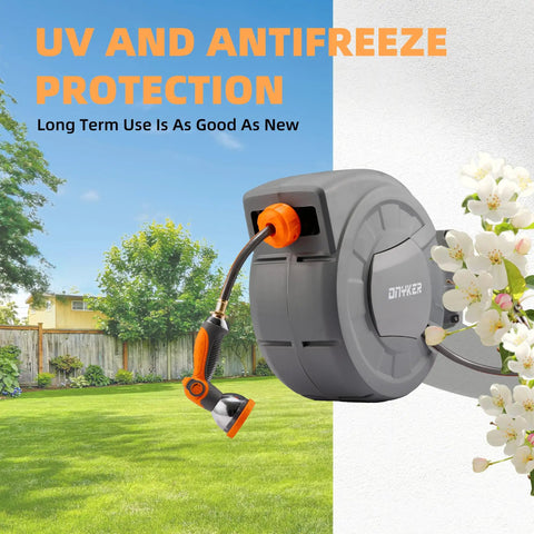 Retractable Garden Hose Reel With Wall Mount Half Inch By One Hundred Foot Hose on outdoor wall near blooming flowers, 180-degree swivel
