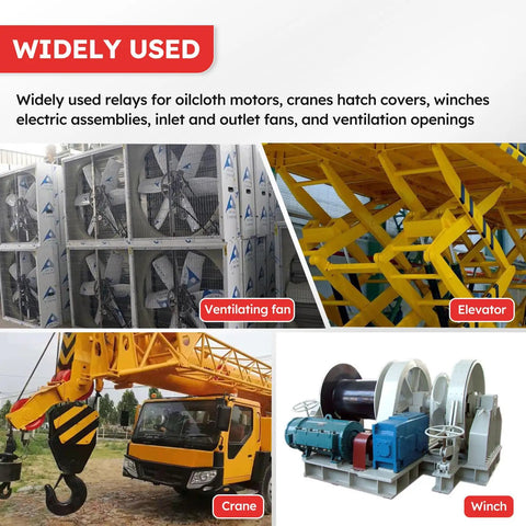 Collage showing ventilating fan, elevator, crane, and winch illustrating uses for 12V 80A Forward And Reverse Relay Terminal Module For Tarp Winch Motor Snow Plow And Lift Replacement.