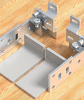 Beefy Heavy Duty L Bracket Carrier Plate for wall cabinets, silver metal with concealed screws on wood surface