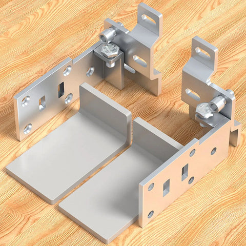 Beefy Heavy Duty L Bracket Carrier Plate for wall cabinets, silver metal with concealed screws on wood surface